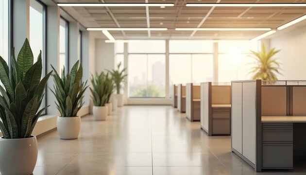 Minimalist office interior with modern decor. Light-filled workspace features cubicles potted plants, large windows. Concept for workplace design business architecture. Sunlight enters through - Powered by Adobe