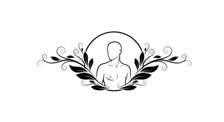 Elegant black and white illustration of a human figure within a decorative floral frame.