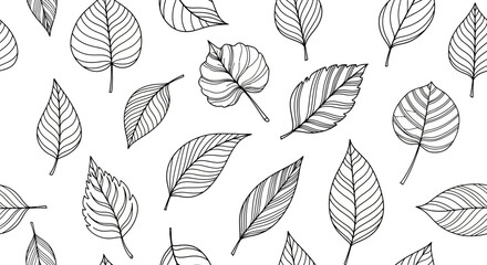 Seamless pattern of hand-drawn black and white leaves with detailed veins, artistic botanical illustration.
