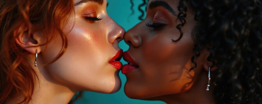 Two women share passionate kiss, red lips touching. Intimate moment between lesbian lovers, closeness and affection in closeup. Diverse couple expresses desire and romance against blue background. - Powered by Adobe