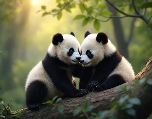 Fototapeta premium Two baby pandas snuggle closely on a tree branch. Their black and white fur contrasts with the green leafy forest background. One panda gently touches the other, showing affection.