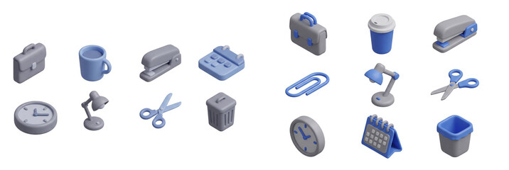 Modern 3D isometric office supplies collection. Professional business stationery items isolated on transparent background.