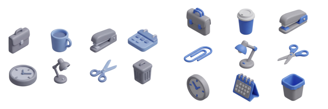 Modern 3D isometric office supplies collection. Professional business stationery items isolated on transparent background. - Powered by Adobe