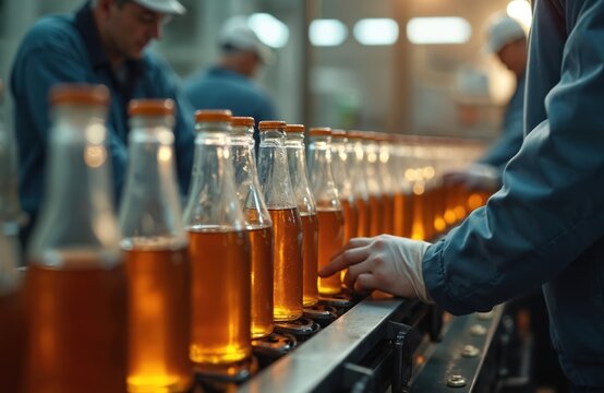 Workers inspect glass bottles filled with amber liquid on a conveyor belt. The bottling plant shows the process of liquid production in an industrial setting. Close up view shows hands wearing gloves.