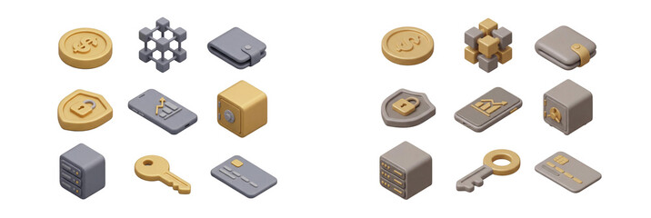 Isometric 3D finance technology icons pack for digital business and secure transactions, isolated on transparent background.