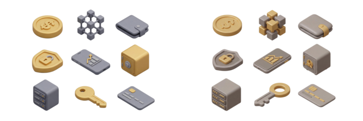 Isometric 3D finance technology icons pack for digital business and secure transactions, isolated on transparent background.
