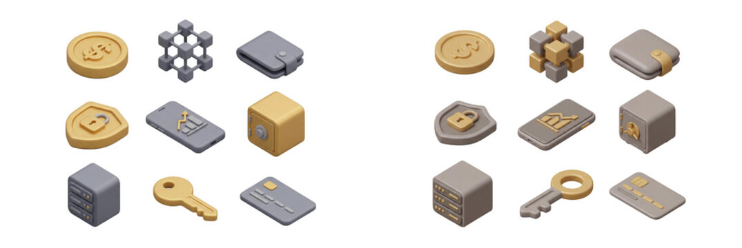 Isometric 3D finance technology icons pack for digital business and secure transactions, isolated on transparent background.