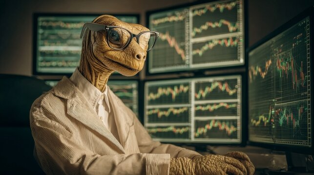 turtle stockbroker, glasses, suit, computer monitors showing stock charts, turtle trading, the frend is your friend
