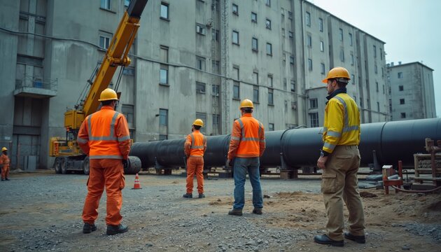 Team works on construction site. Men wear safety vests, hardhats. Heavy crane lifting equipment. Industrial workers install pipeline on build. Builders at construction area, engineers control
