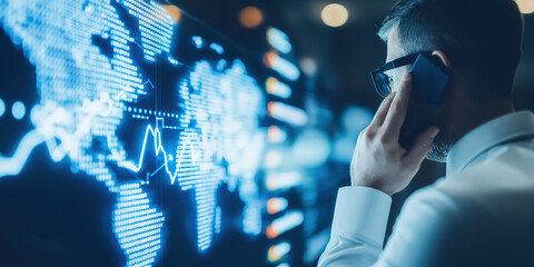 Professional man interacts with holographic digital data visualization and network displays.