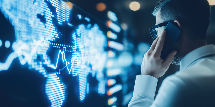 Professional man interacts with holographic digital data visualization and network displays.