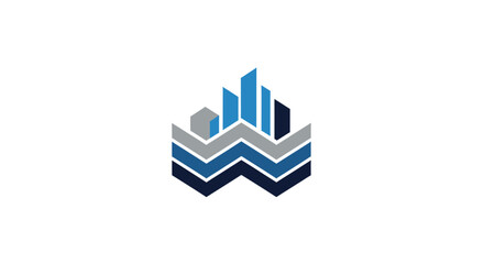 Fototapeta premium Abstract Geometric Cityscape Blue and Grey Building Logo on White Background Design