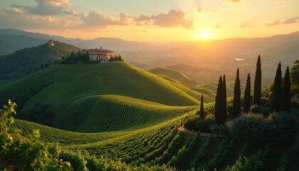 Fototapeta premium Rolling green hills covered in vineyard rows lead to a grand villa at sunset. Cypress trees stand tall against the golden sky. Tuscan landscape offers serene rural beauty.