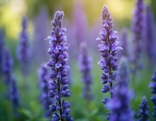 Fototapeta premium Purple hyssop flowers bloom in soft light. Tiny petals form tall spikes. Herbaceous plant grows in garden, used in natural remedies and aromatherapy.