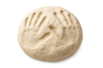 Round ball of raw dough with handprint on top, preparing pastry or bread for baking, transparent background