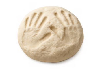 Round ball of raw dough with handprint on top, preparing pastry or bread for baking, transparent background