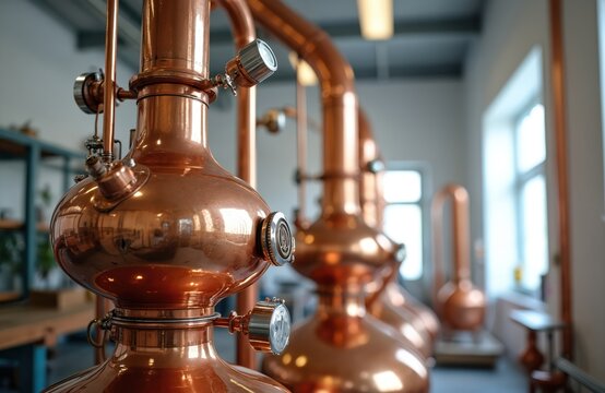Copper stills lined up in modern distillery. These traditional pots heat liquid for alcohol spirits production. Equipment includes gauges and pipes for precise control.