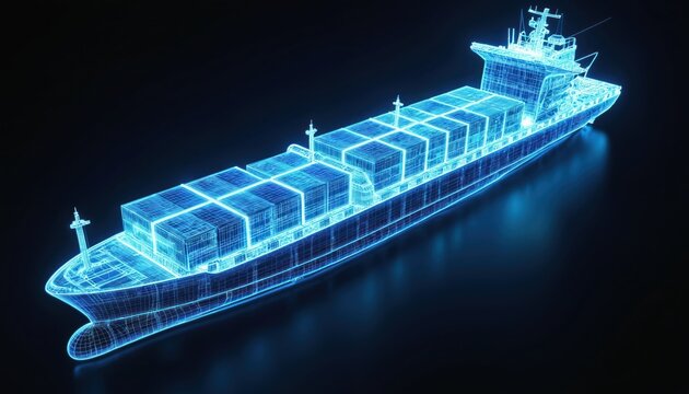 Futuristic cargo ship with glowing neon hologram. 3D rendering illustration of large container ship with blue wireframe mesh. Cargo vessel with cargo containers on deck, advanced technology,
