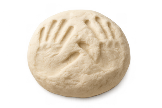 Round ball of raw dough with handprint on top, preparing pastry or bread for baking, transparent background