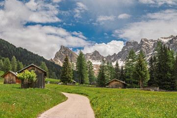 alpine landscape along the trail through San Nicol&ograve; valley, Val di Fassa, Dolomites, Italy