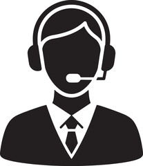 Black silhouette icon of a person wearing headphones and a tie, a woman isolated on a white background.