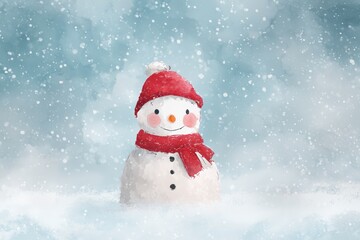 Fototapeta premium a cute snowman with a red hat, a watercolor-style background, snowflakes falling in the sky, a winter wonderland, a christmas vibe, a children's book illustration style Generative AI
