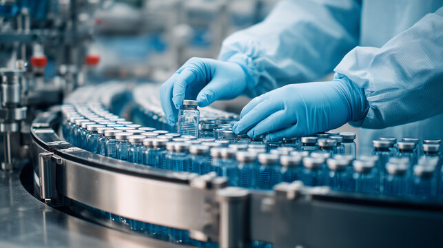 Close up of a pharmaceutical lab scientist pharmacist examining medical vials In a healthcare factory. Healthcare worker wearing blue PPE protective gloves