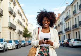 Smiling African American woman walks down city street looking at her smartphone. She wears a white cardigan and floral skirt, carrying a woven bag. Buildings and parked cars line the urban avenue.