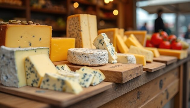Variety of cheese on display. Assortment includes blue cheese cheddar and other types. Showcase presents dairy products at a market. Food ingredients on wooden boards ready for purchase. - Powered by Adobe