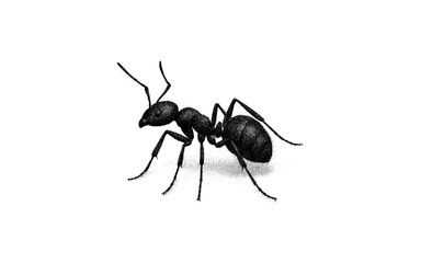 Detailed black and white engraving of an ant