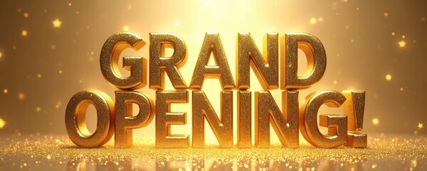 Golden lettering proclaims Grand Opening against backdrop of shimmering stars, gold dust. Celebratory image new beginnings, successful business launches. Suggests prosperity, excitement for retail