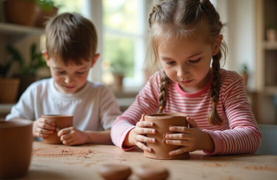 Two young children work with clay at a table creating ceramic pots. Focused little kids practice pottery skills. Girl and boy enjoy art class, learn creative craft and sculpt.