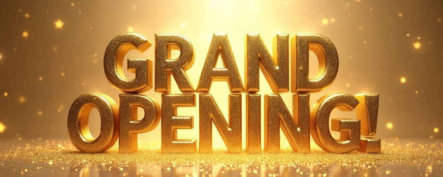 Golden lettering proclaims Grand Opening against backdrop of shimmering stars, gold dust. Celebratory image new beginnings, successful business launches. Suggests prosperity, excitement for retail