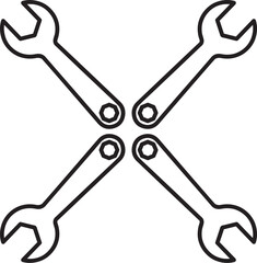 Four black line art wrenches arranged in an X shape on white background tool spanner