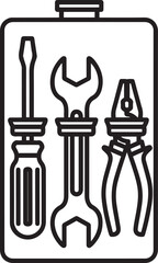 Outline vector icon set of tools inside a rectangle, wrench, screwdriver icon collection isolated on a white background.