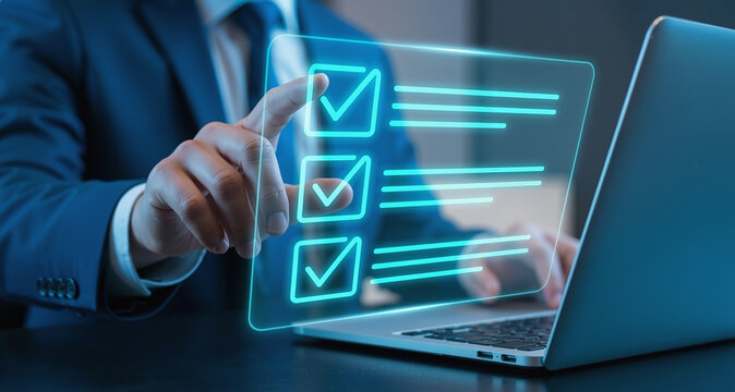 Businessman using a virtual checklist on a laptop for business compliance, quality control, and task management.