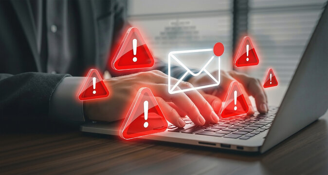 Email phishing attack and spam warning concept. Businessman receiving malicious message on laptop for data breach or scam.