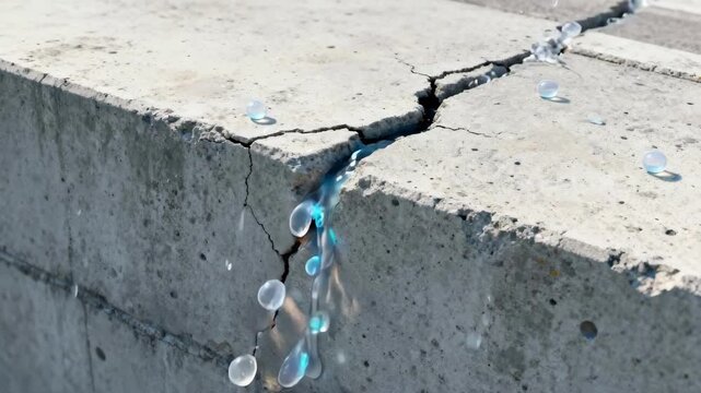 Medium shot of concrete surface with microcapsules releasing healing agents to repair small cracks autonomously in urban infrastructure.