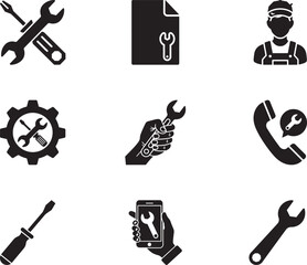 Set of nine black icons depicting tools and repair services wrench spanner