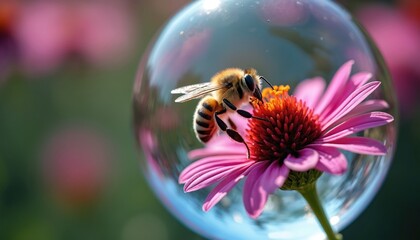 Honeybee takes nectar from pink flower in glass ball orb. Insect sits on a bloom. Concept of eco system, pollination and save bees population in the world. Wildlife floral close-up macro shot.