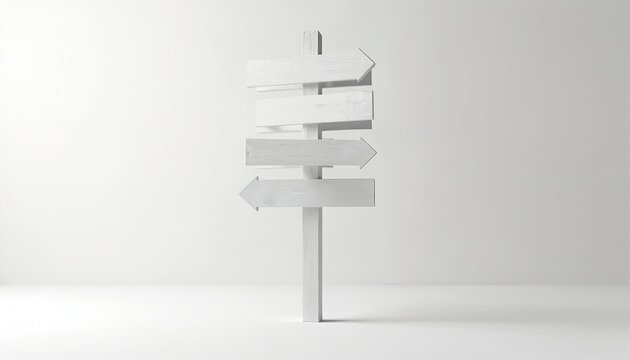 Minimalist white wooden signpost with four blank arrow pointers. Signage provides choices for direction and navigation. Clear, simple, modern design for copyspace.