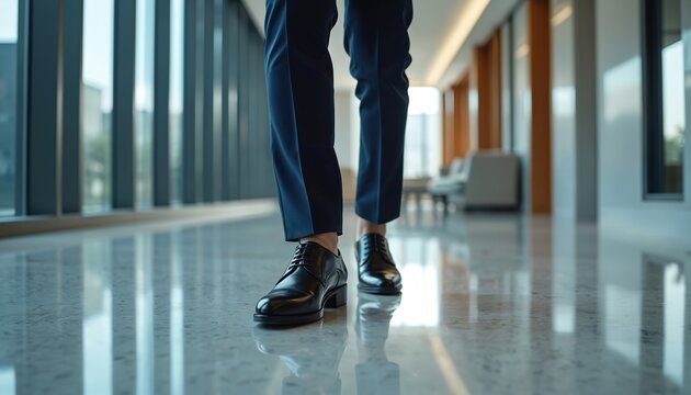 Man in dark suit pants walks on shiny marble floor in modern office. Elegant polished black leather shoes with laces. Focus on footwear and pro attire. Confident movement forward.