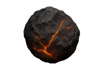 Meteorite fragment glowing with hot lava cracks, falling through space, isolated on transparent background
