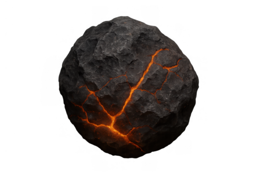 Meteorite fragment glowing with hot lava cracks, falling through space, isolated on transparent background