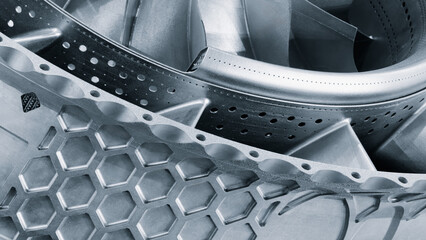 Complex metal industrial part created using 3D printing, innovative technologies concept background