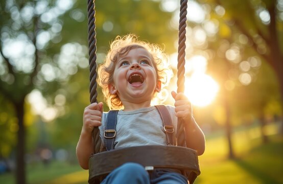 Happy child enjoys swing at park. Smiling toddler laughs with joy outside. Playful kid swings in nature. Sunny photo of childhood happiness.