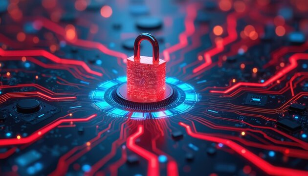 Red glowing padlock sits on circuit board. Digital data streams flow on glowing red lines. Secure network concept, digital protection against cyber threats. Online safety.