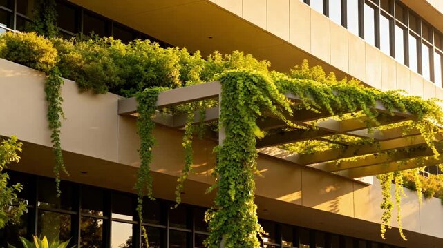 Medium shot of a modern building exterior with lush green vines climbing a stylish trellis creating a vibrant vegetated facade that blends architecture with nature.