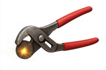 Water pump pliers gripping metal, creating a spark on transparent background, industrial tool concept