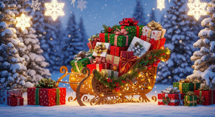 Santa s sleigh overflowing with gifts in a snowy forest